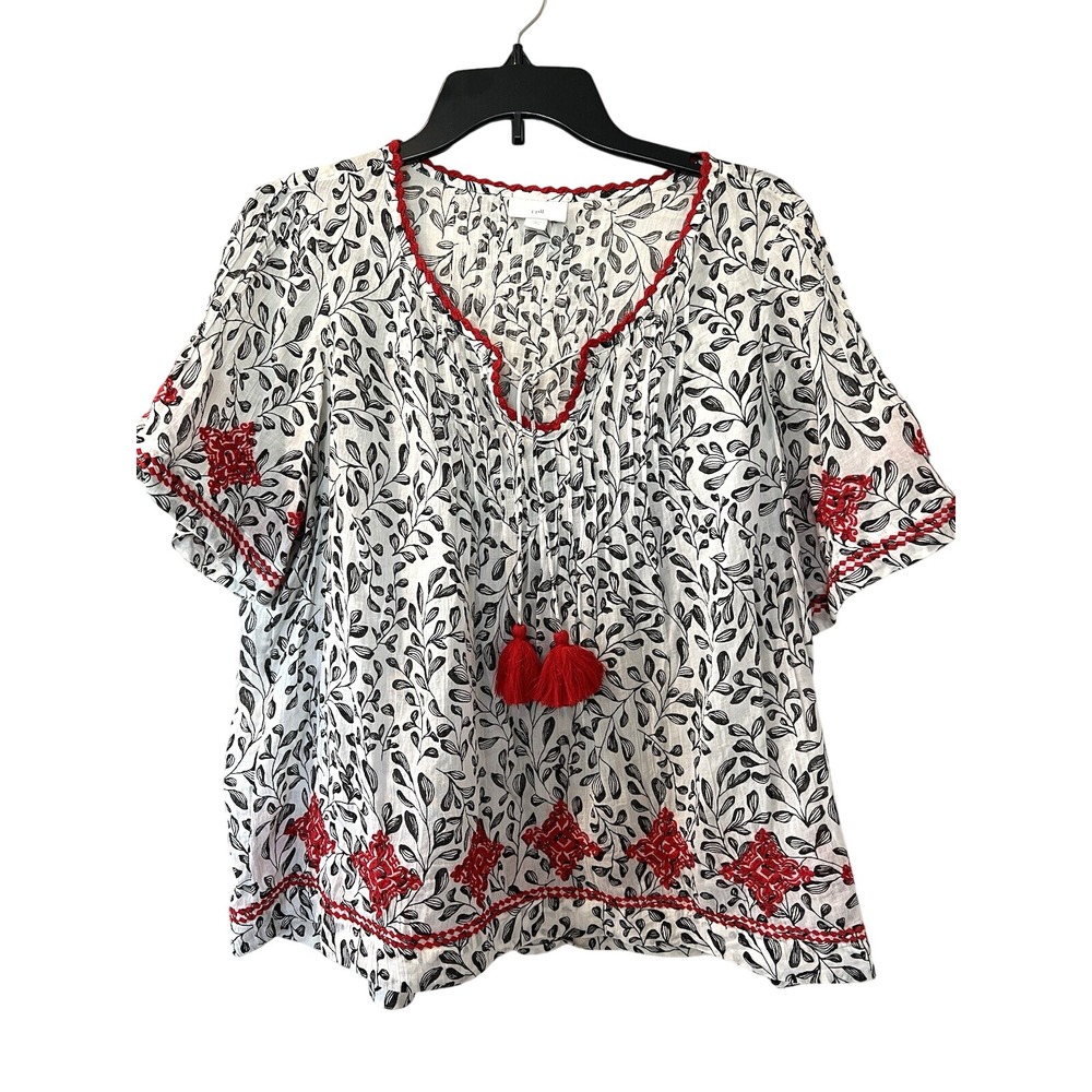 J. Jill Peasant Top Women S Petite White Black Leaf Print Red Embroidery Tassel